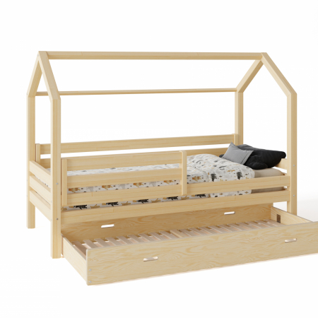 Łóżko domek z materacem, szufladą i barierkami TRANO 90X200